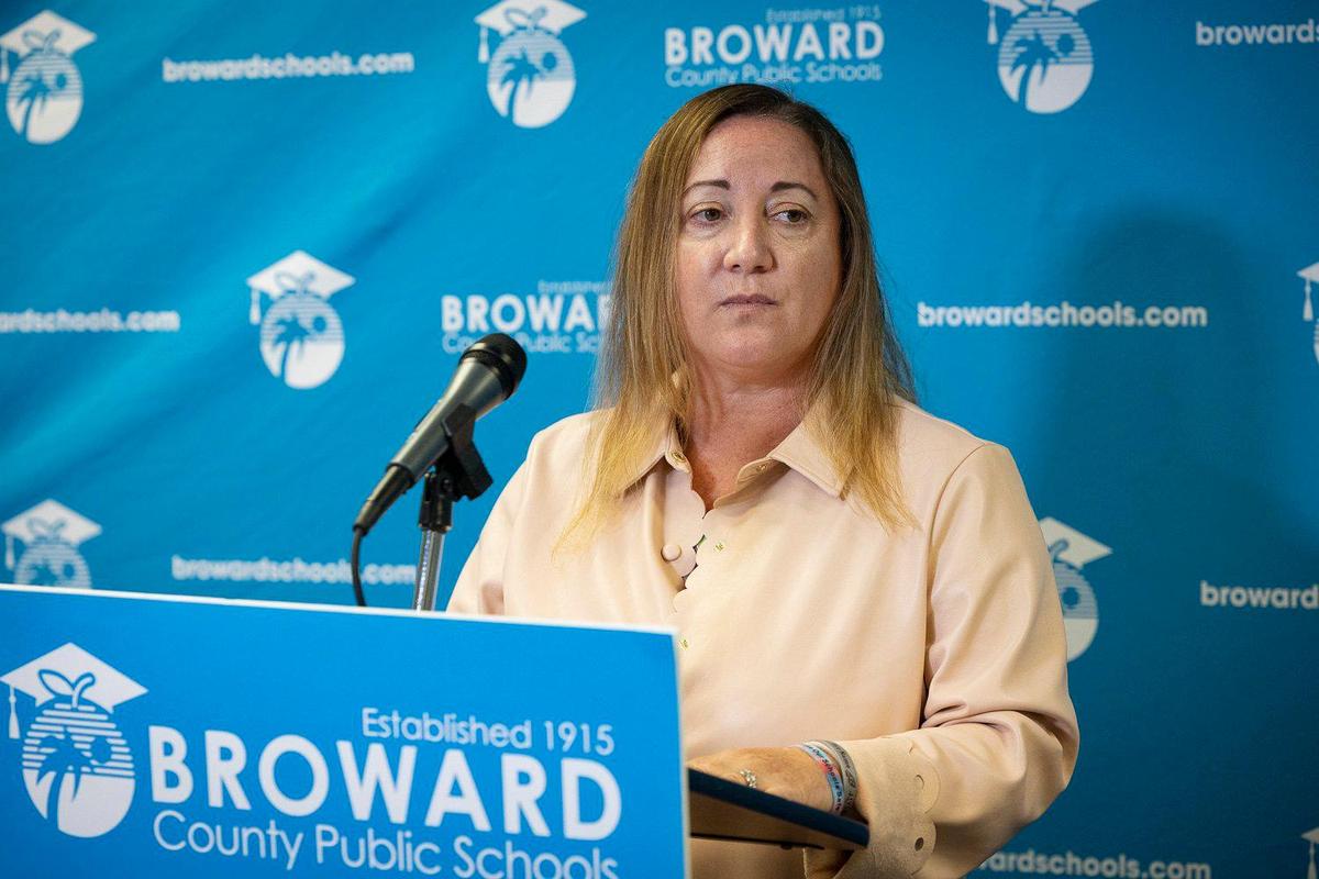 Chair Lori Alhadeff talks during a news conference after a Broward Country School Board meeting discussing superintendent candidates on Monday, May 22, 2023, in Fort Lauderdale.