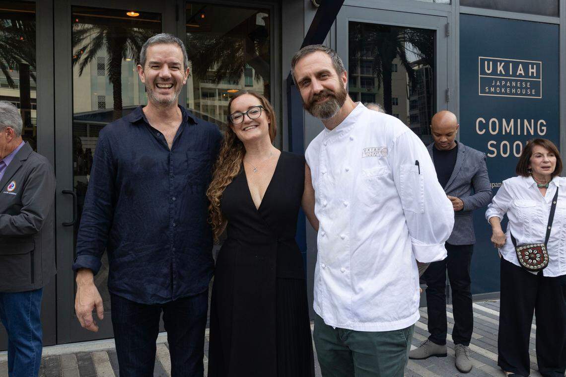 Steven Haigh, Lizzy Maines and Chef Michael Lewis at the new Ukiah Japanese Smokehouse in Fort Lauderdale.