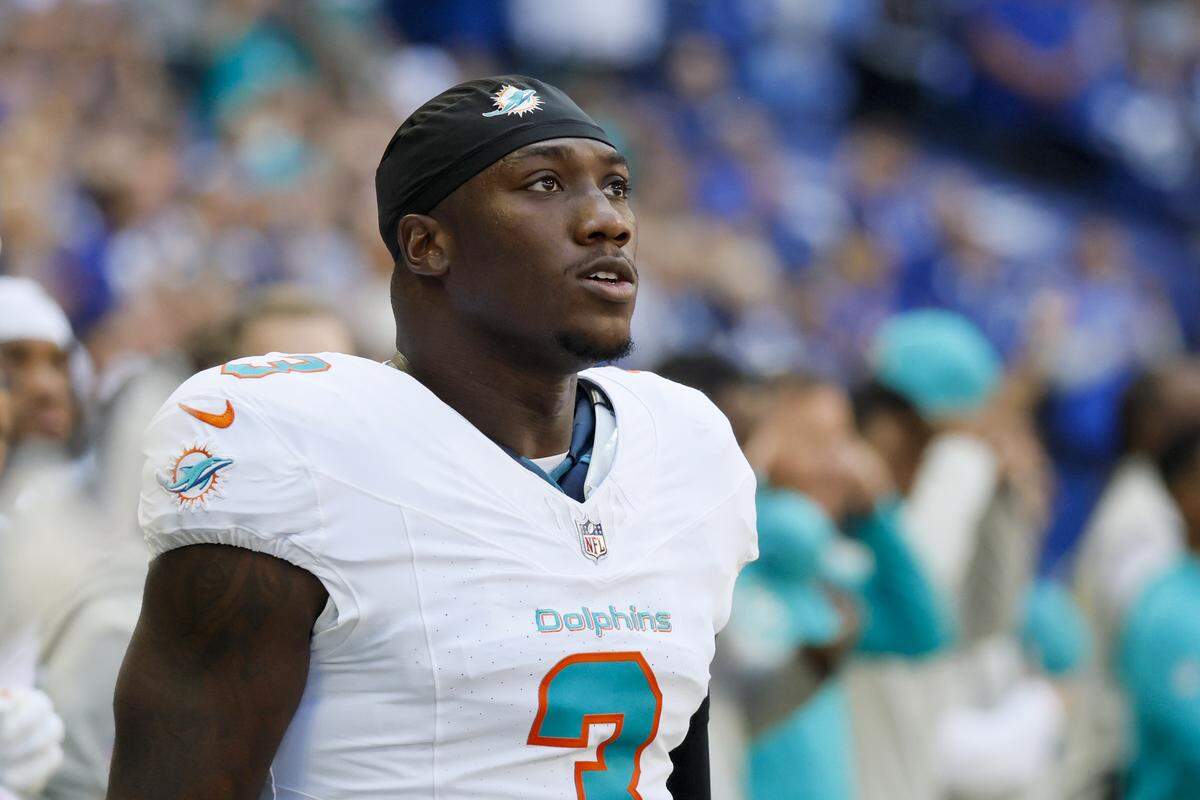 Miami Dolphins linebacker K.J. Britt (3) looks on during the national anthem before an NFL game against the Indianapolis Colts at Lucas Oil Stadium on Sunday, Sept. 7, 2025, Indianapolis, Indiana..