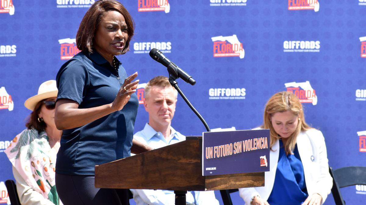 Val Demings, the former Orlando police chief and Democratic nominee hoping to unseat U.S. Sen. Marco Rubio, speaks at a Thursday, Sept. 8, 2022, press conference at Regatta Park, 3500 Pan American Drive. The Dinner Key park was the first stop in the Giffords Florida Bus Tour, which invites candidates and politicians to discuss gun violence prevention.