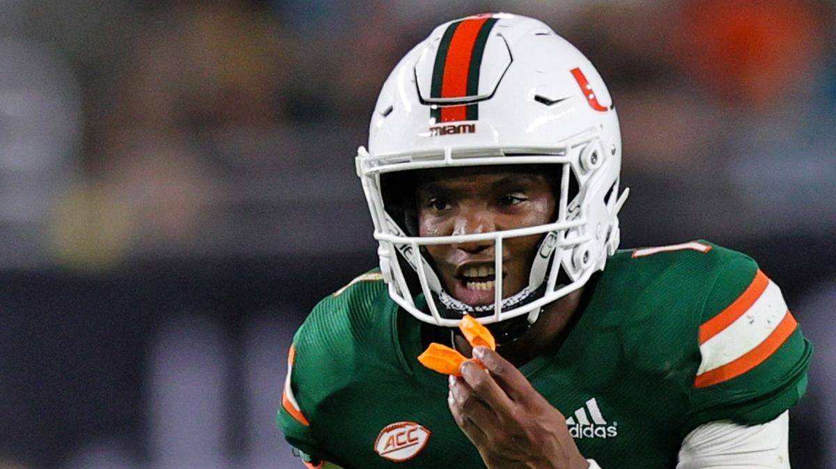 Miami Hurricanes quarterback D’Eriq King (1) calls a play against the Appalachian State Mountaineers during the fourth quarter of their ACC football game at Hard Rock Stadium on Saturday, September 11, 2021 in Miami Gardens, Florida.