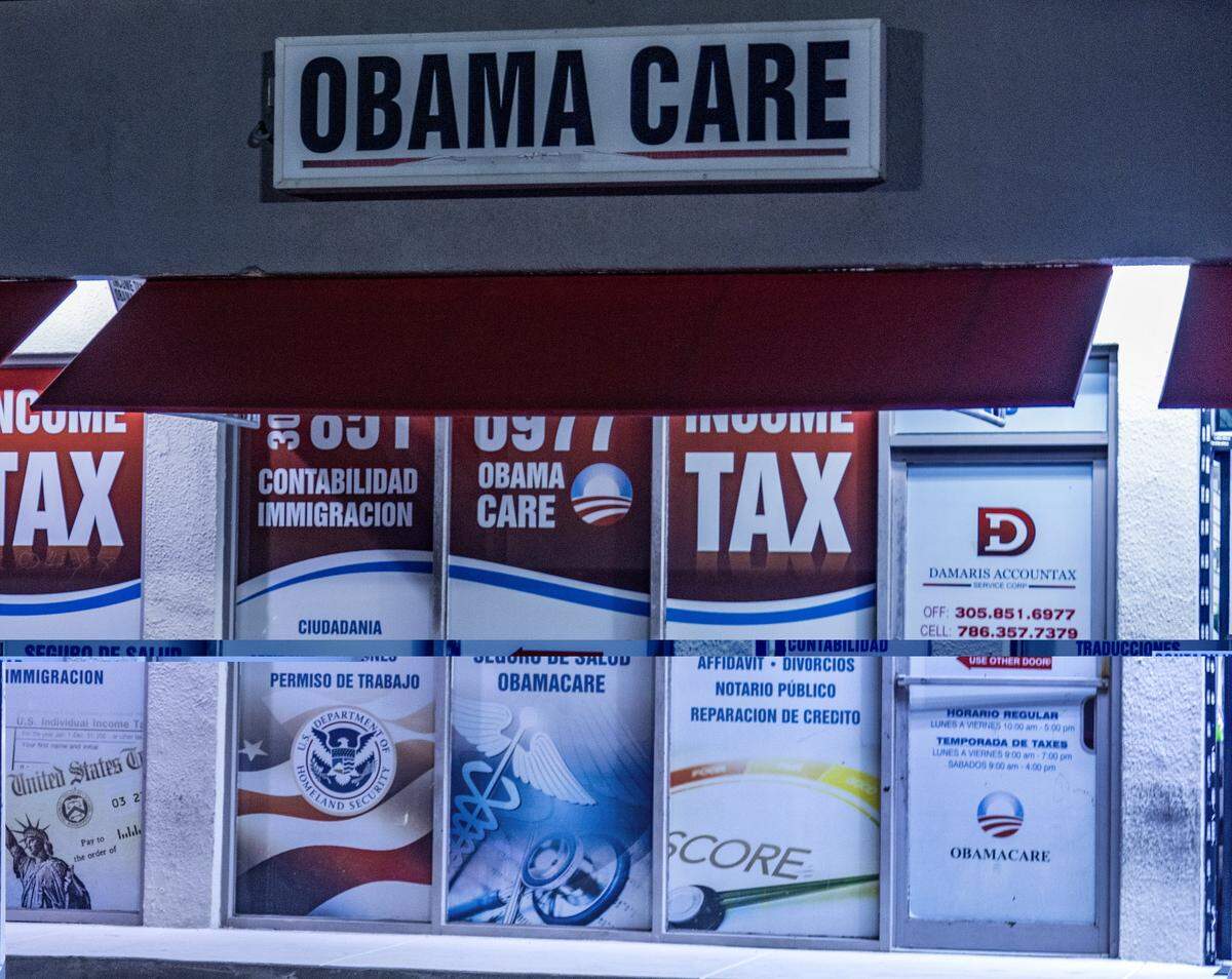 View of an Obamacare sign on the front of the Damaris Accountax Services office located at 13 East 44th St., in Hialeah, on Tuesday, Jan. 09, 2024. The office is located in Florida’s 26th congressional district, where more than one-third of the population is enrolled in the Affordable Care Act marketplace.