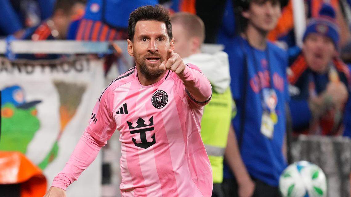 Lionel Messi #10 of Inter Miami CF celebrates after scoring the team's first goal during the Conference Semifinal match between FC Cincinnati and Inter Miami FC as part of the 2025 MLS Cup Playoffs at TQL Stadium on November 23, 2025 in Cincinnati, Ohio.  