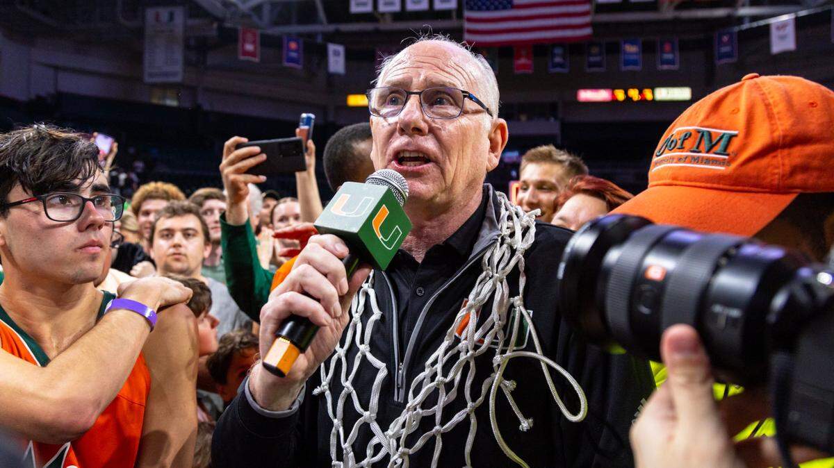 Hurricanes Head Coach Jim Larrañaga addresses the fans after defeating the Pittsburgh Panthers 78-76 to become regular season Co-Champs and the first seed for the ACC Tournament during an NCAA basketball game at Watsco Center in Coral Gables, Florida, on Saturday, March 4, 2023.