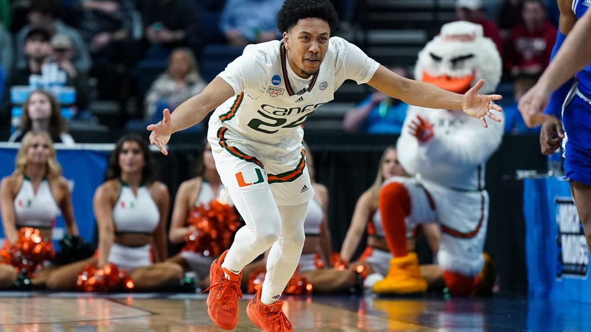 Mar 17, 2023; Albany, NY, USA; Miami Hurricanes guard Nijel Pack (24) reacts after a play in the second half against the Drake Bulldogs at MVP Arena. Mandatory Credit: David Butler II-USA TODAY Sports