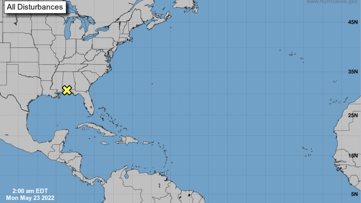 The first disturbance of the 2022 hurricane season has moved into Alabama and is expected to be short-lived, with no chance of development in the next five days, forecasters said. 