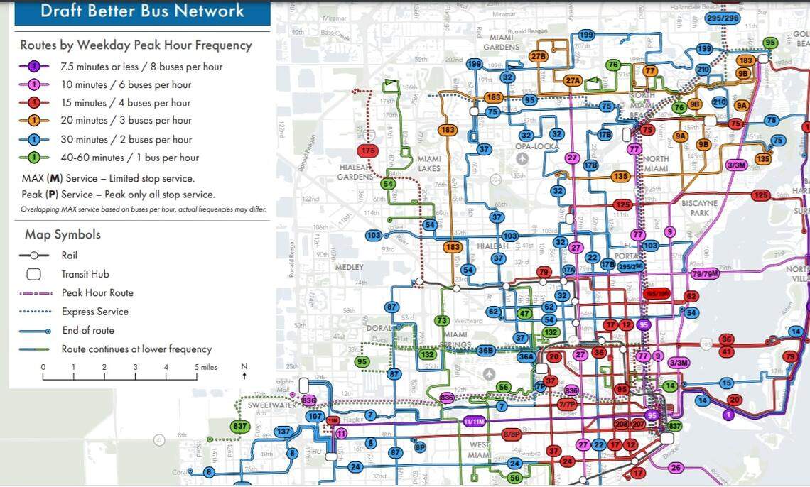 A map of the Better Bus Network that Miami-Dade County would implement in the fall of 2023 if approved by county commissioners.
