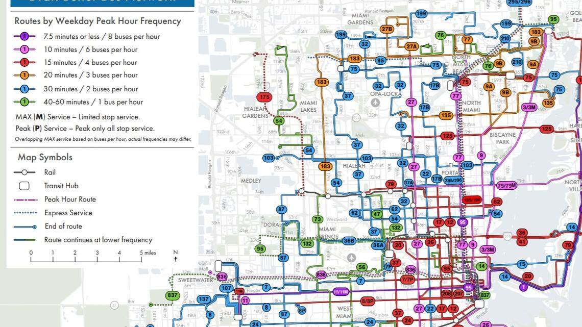 A map of the Better Bus Network that was approved on Oct. 5, 2021, for a launch by June 2022. Hiring shortages now have Miami-Dade County pushing the planned launch until spring 2023.