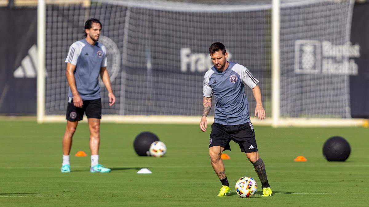 Inter Miami CF forward Lionel Messi controls the ball during drills on the opening day of training camp at the Florida Blue Training Center in Fort Lauderdale, Florida, on Saturday, January 13, 2024.