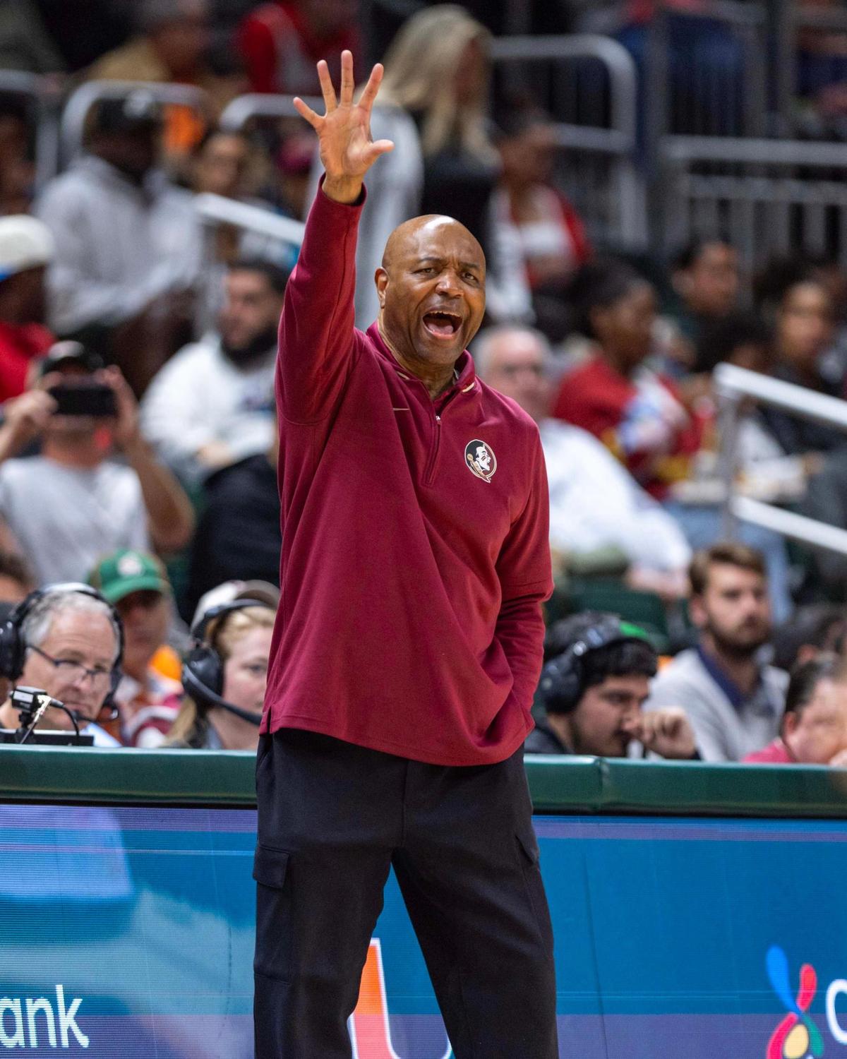 Florida State Seminoles Head Coach Leonard Hamilton reacts from the sideline during the second half of an NCAA basketball game against the Miami Hurricanes at Watsco Center on Wednesday, January 8, 2025, in Coral Gables, Fla.