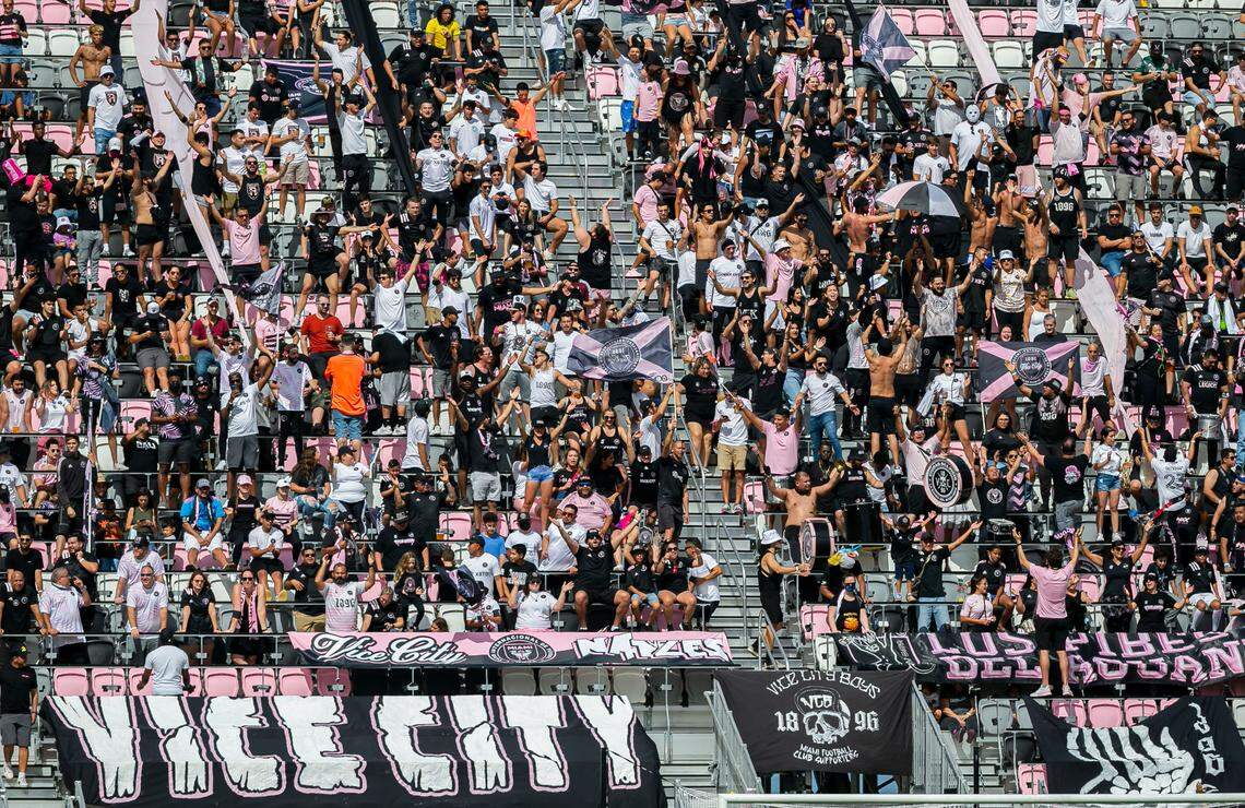 Inter Miami fans cheer during the first half of their MLS soccer match against New York City FC at DRV PNK Stadium on Saturday, Oct. 30, 2021, in Fort Lauderdale.
