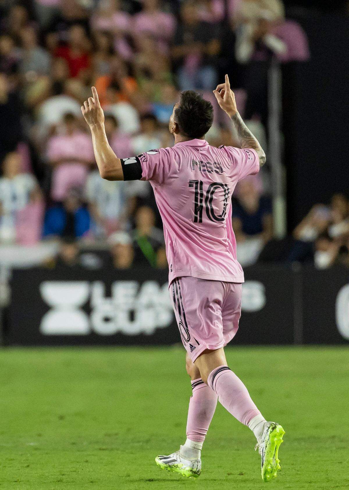 Inter Miami forward Lionel Messi (10) reacts after scoring a goal against Cruz Azul in the second half of a Leagues Cup group stage match at DRV PNK Stadium on Friday, July 21, 2023, in Fort Lauderdale, Fla.