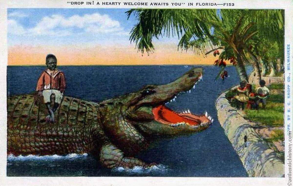 A postcard depicts a Black children being used as “gator bait” in Florida. The term “gator bait” is a racist trope used since the 19th century to describe Black children used to lure alligators. The term has reentered the national spotlight following the rhetoric about alligators potentially eating immigrant detainees at “Alligator Alcatraz,” a detention center in the Florida Everglades.