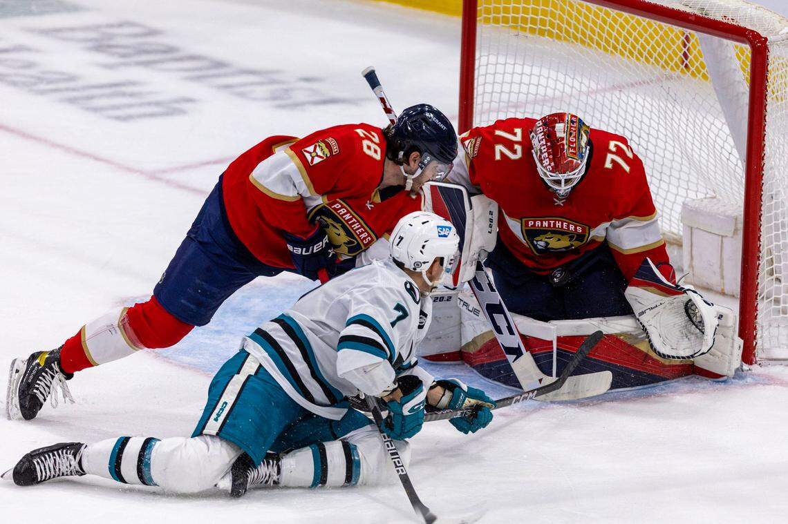 Florida Panthers goalie Sergei Bobrovsky (72) makes a stop on a shot by San Jose Sharks center Nico Sturm (7) during the third period of an NHL game at FLA Live Arena in Sunrise, Florida, on Thursday, February 9, 2023.