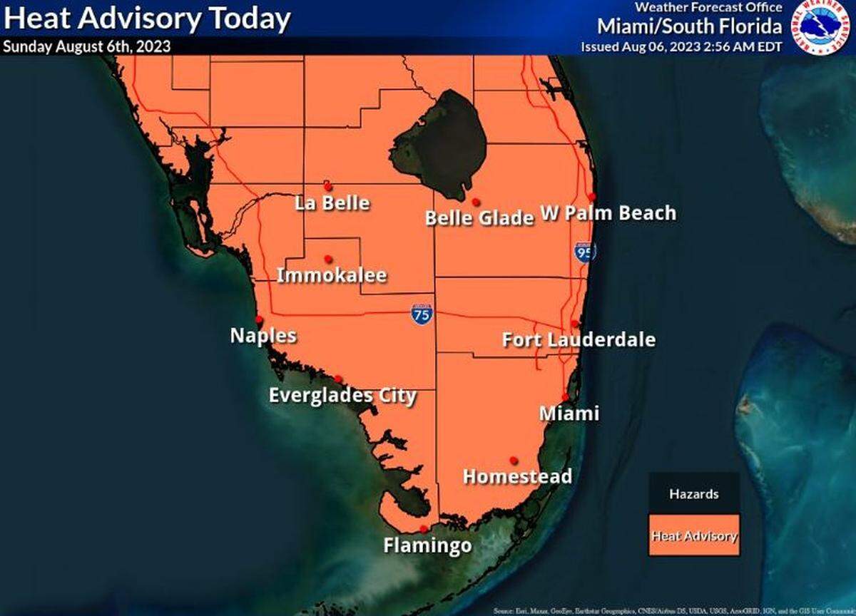 The map showing the chunk of Florida covered by the Sunday, Aug. 6, Heat Advisory.