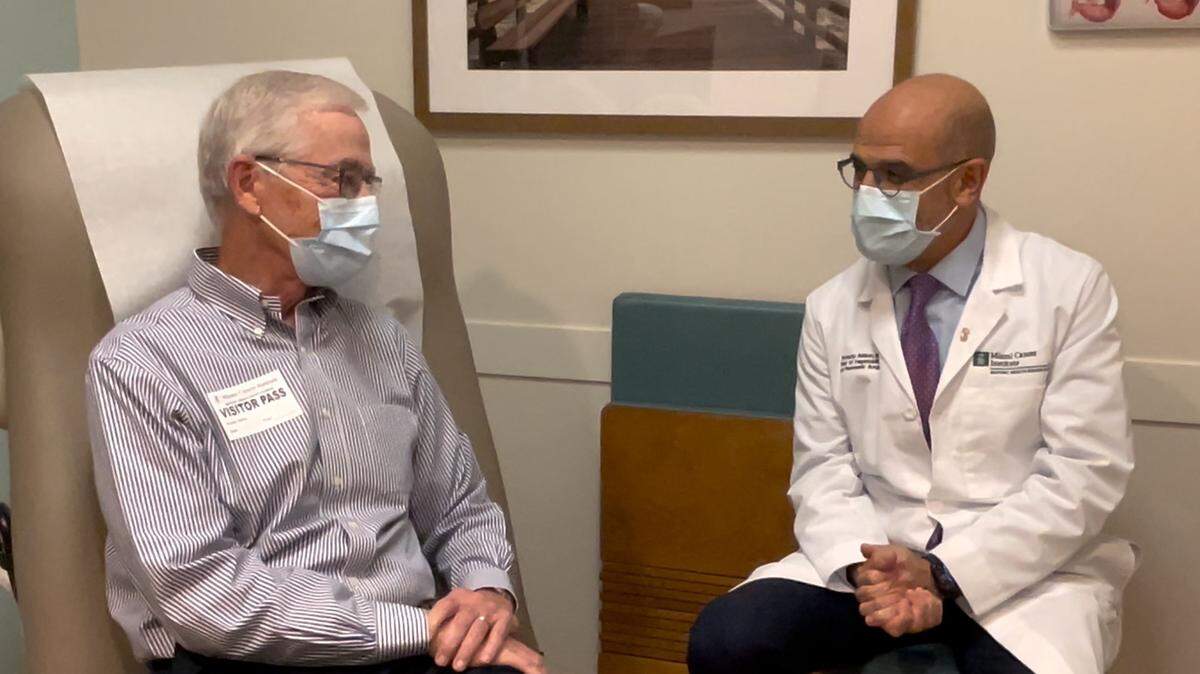 Bob Dickinson, the retired president and CEO of Carnival Cruise Lines, with his physician, Dr. Horacio Asbun of the Miami Cancer Institute, part of Baptist Health South Florida. Dickinson was diagnosed with Stage 1 pancreatic cancer in 2019 and is now cancer free.