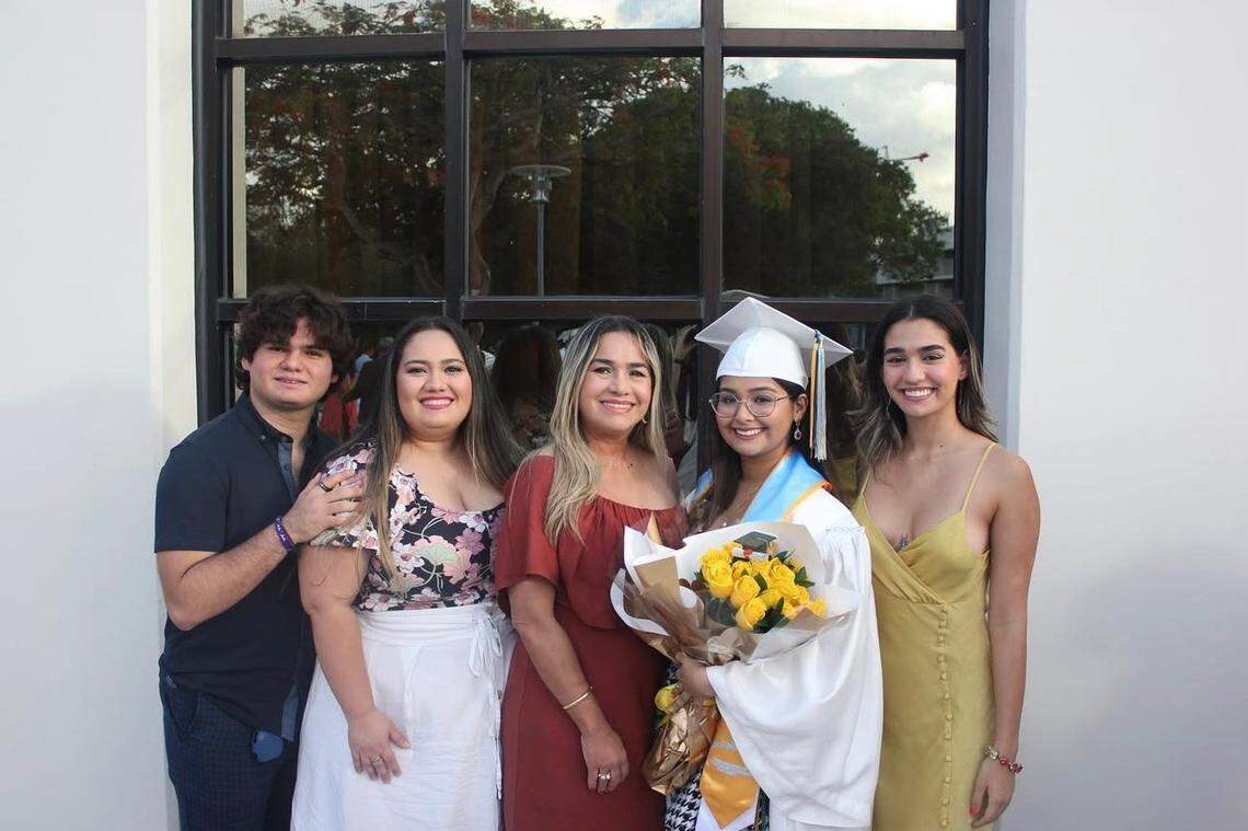 Family school celebration photo from left to right: Constantinos Couyutas Duarte (brother), Maria Claudia Couyutas Duarte (older sister), Claudia Duarte (mother), Ariana Couyutas Duarte (younger sister) and Alexia Couyutas Duarte, a graduate from Swarthmore College who was to attend Harvard Law School in the fall of 2025.