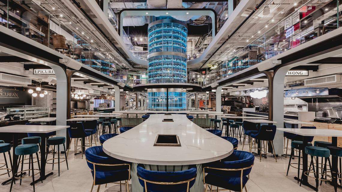The three-story wine tower of La Epoca natural wine bar is the centerpiece of Julia & Henry’s downtown Miami food hall, which is adding an indoor flea market.