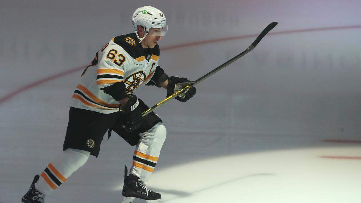 Mar 1, 2025; Pittsburgh, Pennsylvania, USA; Boston Bruins left wing Brad Marchand (63) takes the ice to warm up against the Pittsburgh Penguins at PPG Paints Arena.