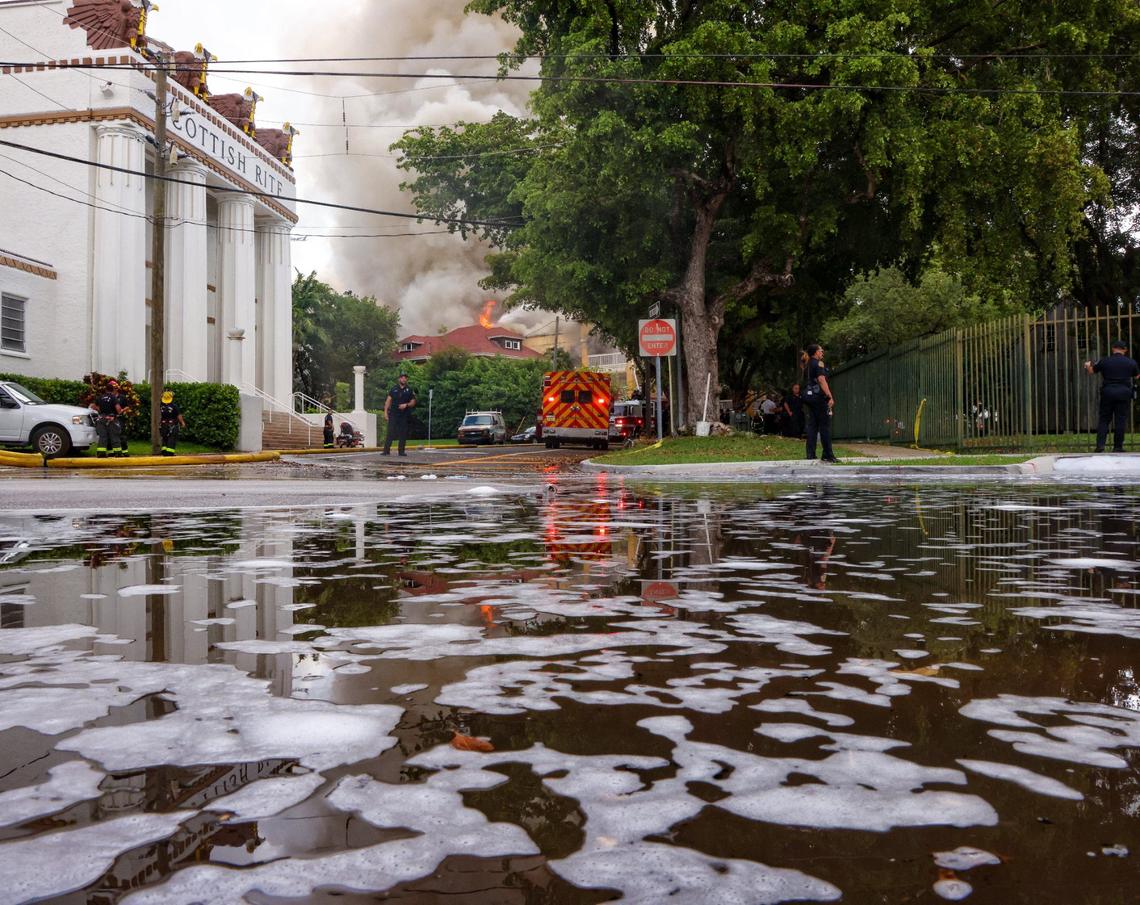 Miami Fire Rescue and Miami police working at the scene of the fire at the Temple Court Apartments, 431 NW Third St.