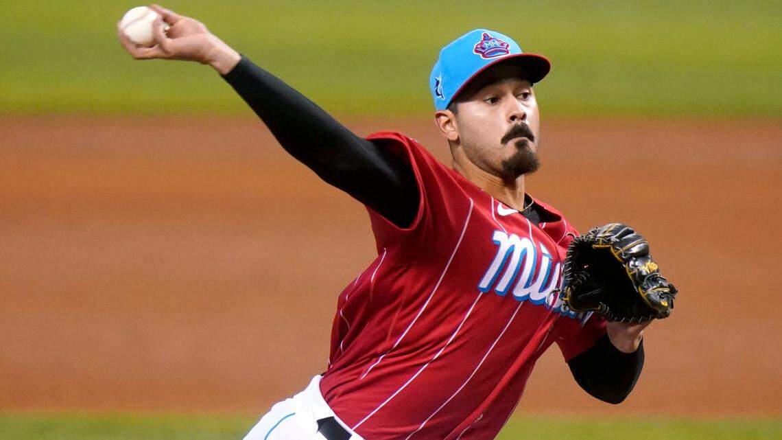 Miami Marlins starting pitcher Pablo Lopez throws during the third inning of a baseball game against the Atlanta Braves, Sunday, July 11, 2021, in Miami.