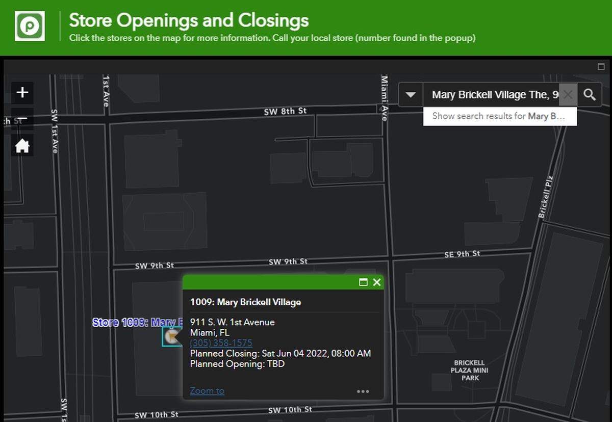 Publix store closure at Mary Brickell Village is noted on the supermarket chain’s locator website.