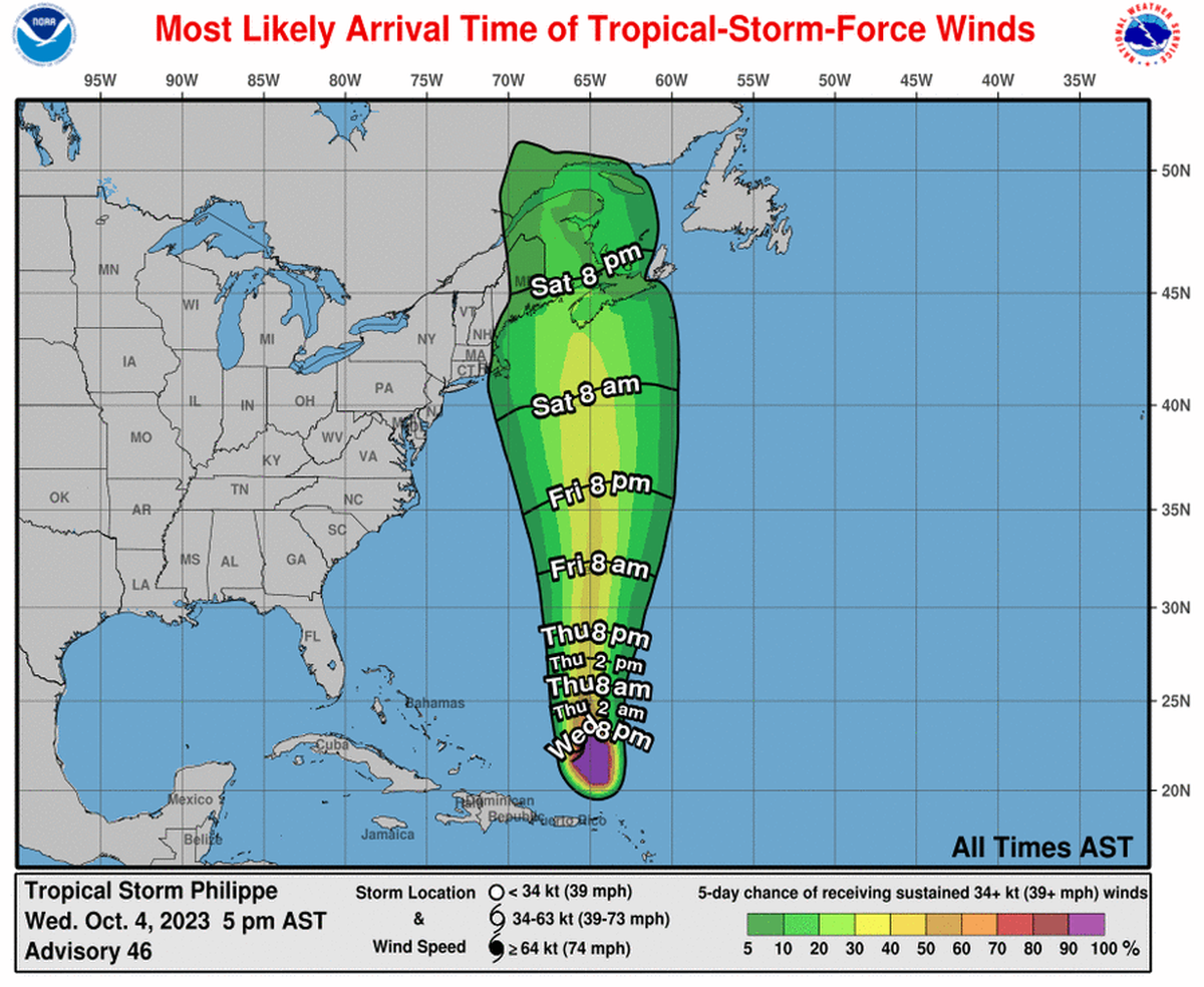 Most likely arrival time of Tropical Storm Philippe’s winds as of Wednesday afternoon, Oct. 4, 2023.