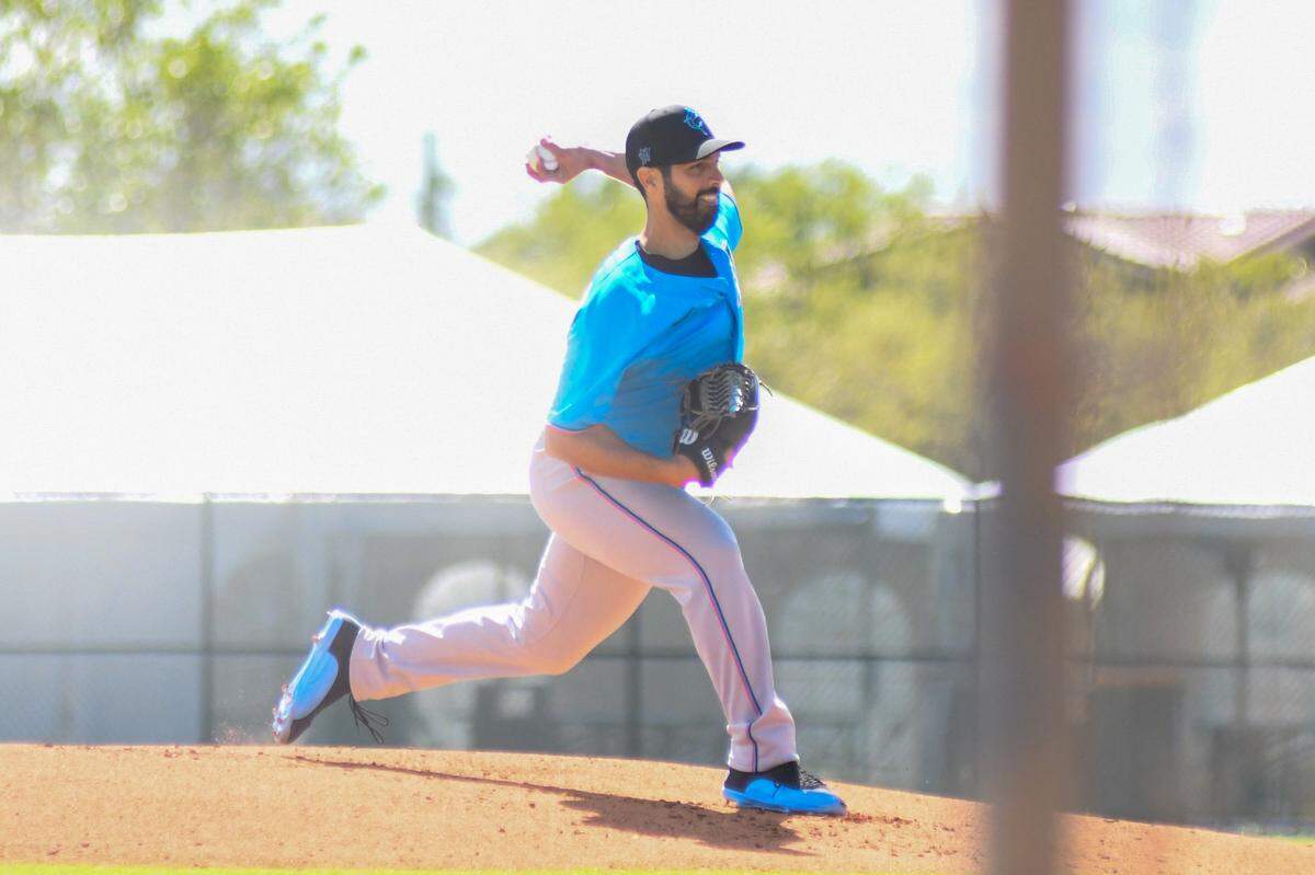 Miami Marlins pitcher Gio Gonzalez throws a live batting practice session on the back fields of the Roger Dean Chevrolet Stadium complex on Tuesday, March 9, 2021, in Jupiter, Florida.