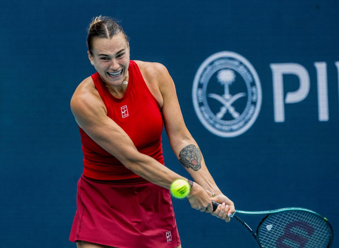 Aryna Sabalenka (1), of Belarusian returns against Jessica Pegula (4), of USA during the women’s singles final at the Miami 2025 Open tennis tournament, at the Hard Rock Stadium, on Saturday, March 29, 2025.