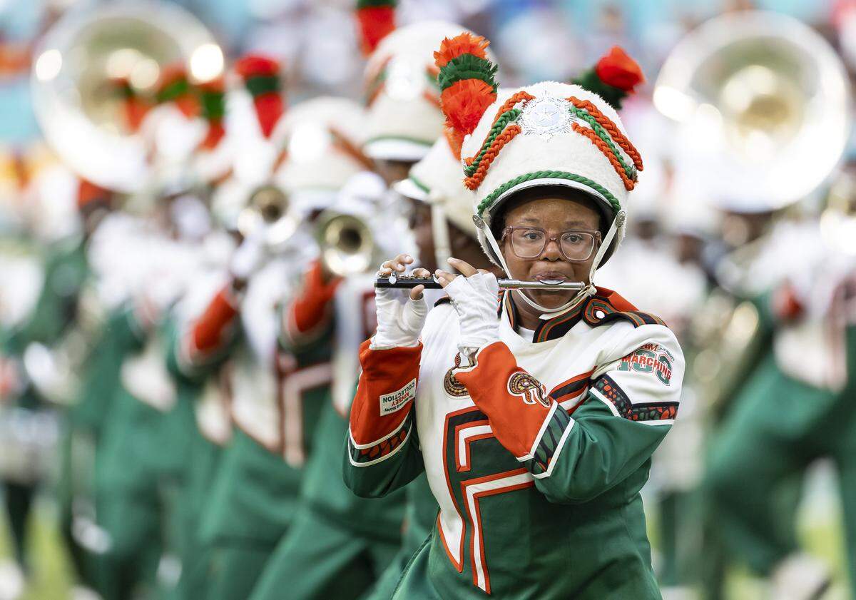 The Marching 100 performs during the halftime of the Orange Blossom Classic football game between Howard Bison and Florida A&M Rattlers at Hard Rock Stadium on Saturday, Aug. 30, 2025, in Miami Gardens, Fla.