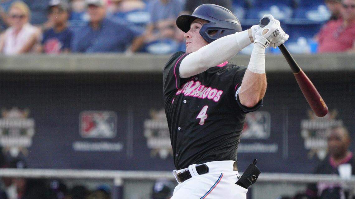 Miami Marlins infielder prospect Jacob Berry hits a home run for the Pensacola Blue Wahoos.