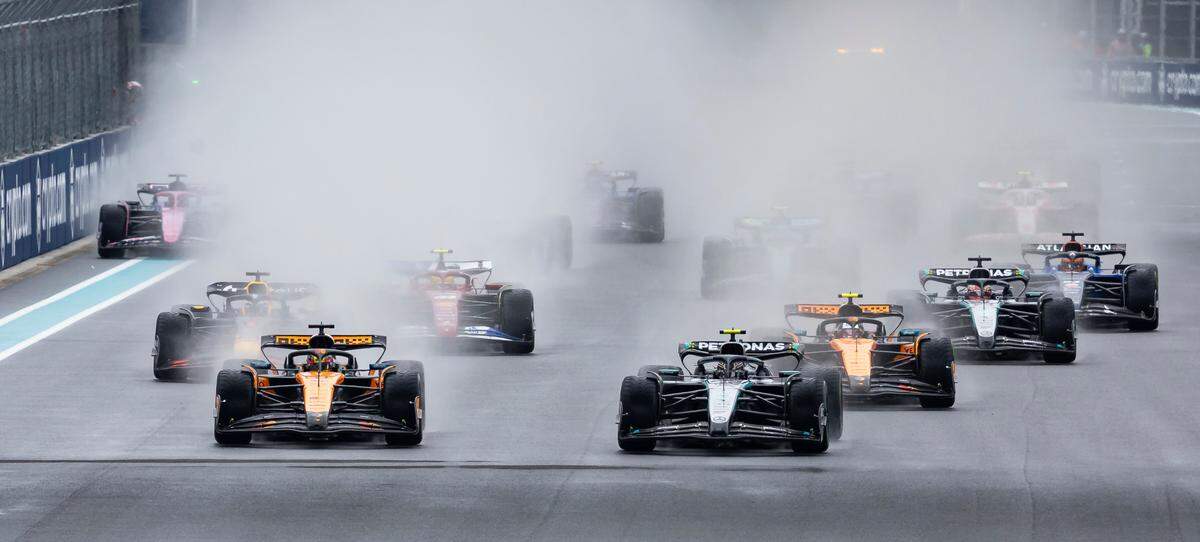 Drivers take off during the start of a Sprint race on the second day of the Formula One Miami Grand Prix at the Miami International Autodrome on Saturday, May 3, 2025, in Miami Gardens, Fla.