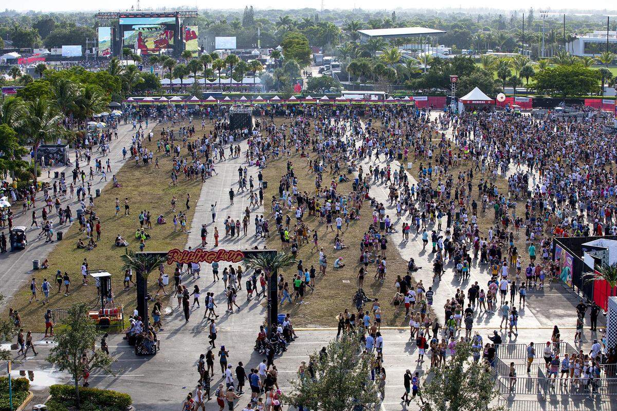 An aerial view of Rolling Loud Miami, an international hip hop festival, just after the gates opened for the last day, at Hard Rock Stadium in Miami Gardens, Florida, on Sunday, July 25, 2021.