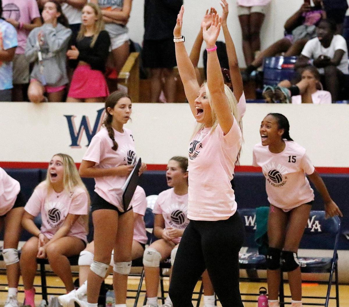 Westminster Academy Volleyball coach Hannah Brenner reacts to her team play during the game against Boca Christian on Tuesday, October 4, 2022 at Westminster Academy in Fort Lauderdale. Andrew Uloza / for Miami Herald