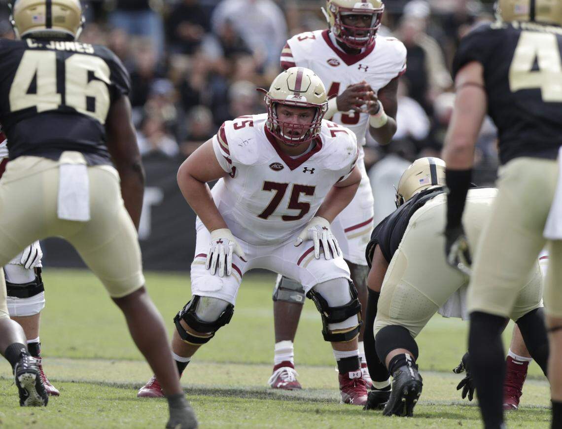 Boston College offensive lineman Chris Lindstrom (75) lines up against Purdue during the second half of an NCAA college football game in West Lafayette, Ind., Saturday, Sept. 22, 2018. Purdue defeated Boston College 30-13.