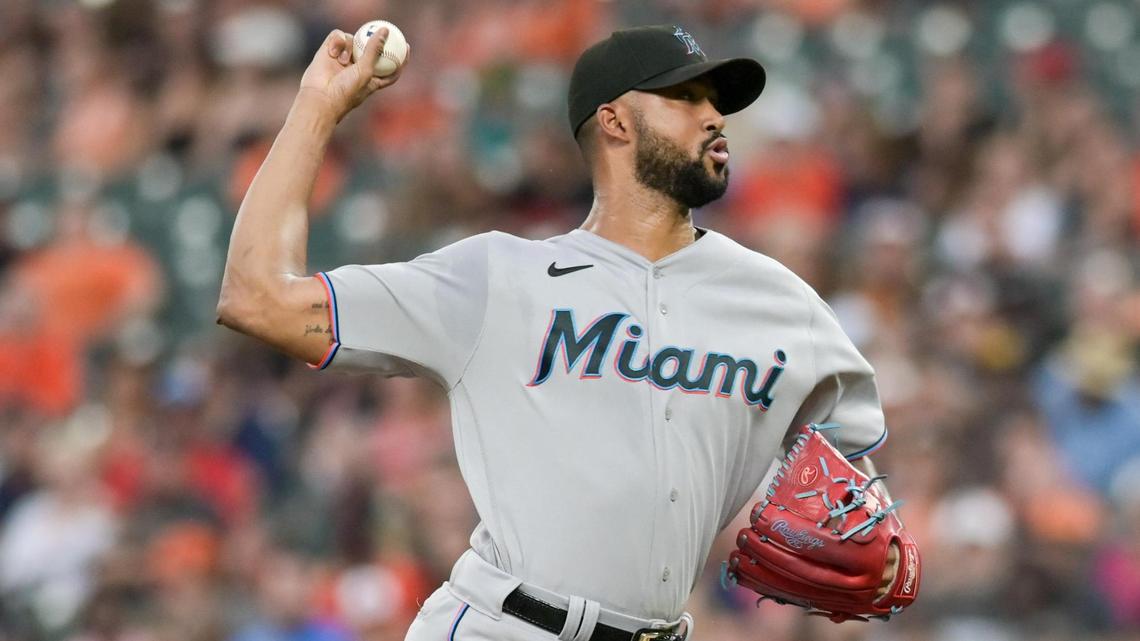 Miami Marlins starting pitcher Sandy Alcantara (22) throws a first inning pitch against the Baltimore Orioles at Oriole Park at Camden Yards.