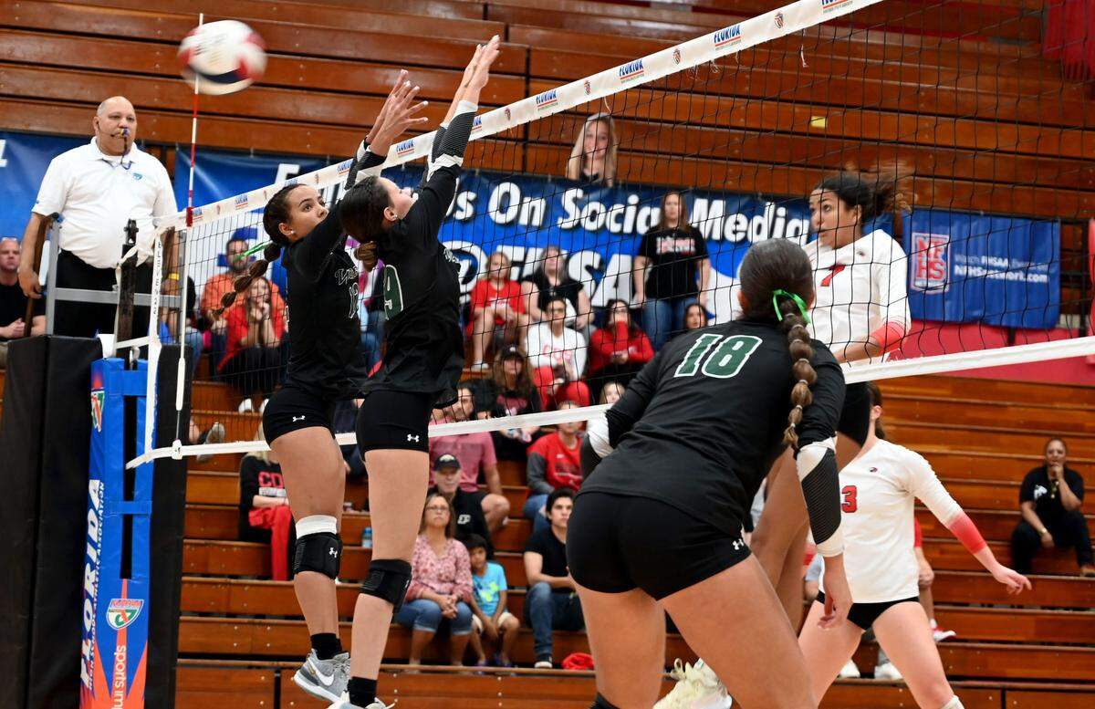 Westminster Christian junior Sarah Dibbs-Frantz unleashes a hard shot at Tampa Carrollwood Day during the Class 3A state championship match on Thursday at the FHSAA girls volleyball state finals at Polk State College in Winter Haven.