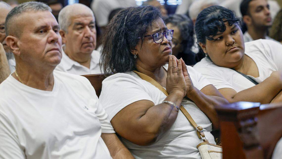 Maria Fajardo, 60, reacts during a mass trial of the remaining 200-plus mobile home owners at the L'il Abner Mobile Home Park, capping a nearly yearlong battle between residents and the park's ownership, at the Miami-Dade County Courthouse in Miami on Thursday, Aug. 14, 2025. 
