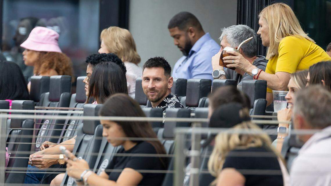 Inter Miami forward Lionel Messi (10) watches his team play against CF Montréal in the first half of their MLS match at Chase Stadium on Sunday, March 10, 2024, in Fort Lauderdale, Fla.