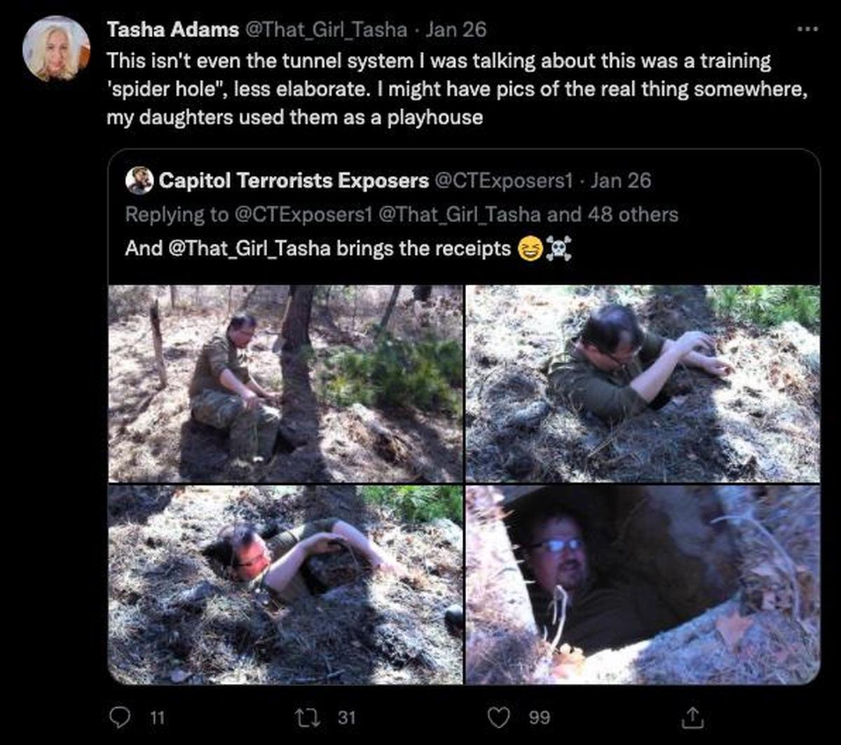 The estranged wife of Oath Keepers national leader E. Stewart Rhodes tweets about his backyard ‘spider hole.’ That’s him in the hole.