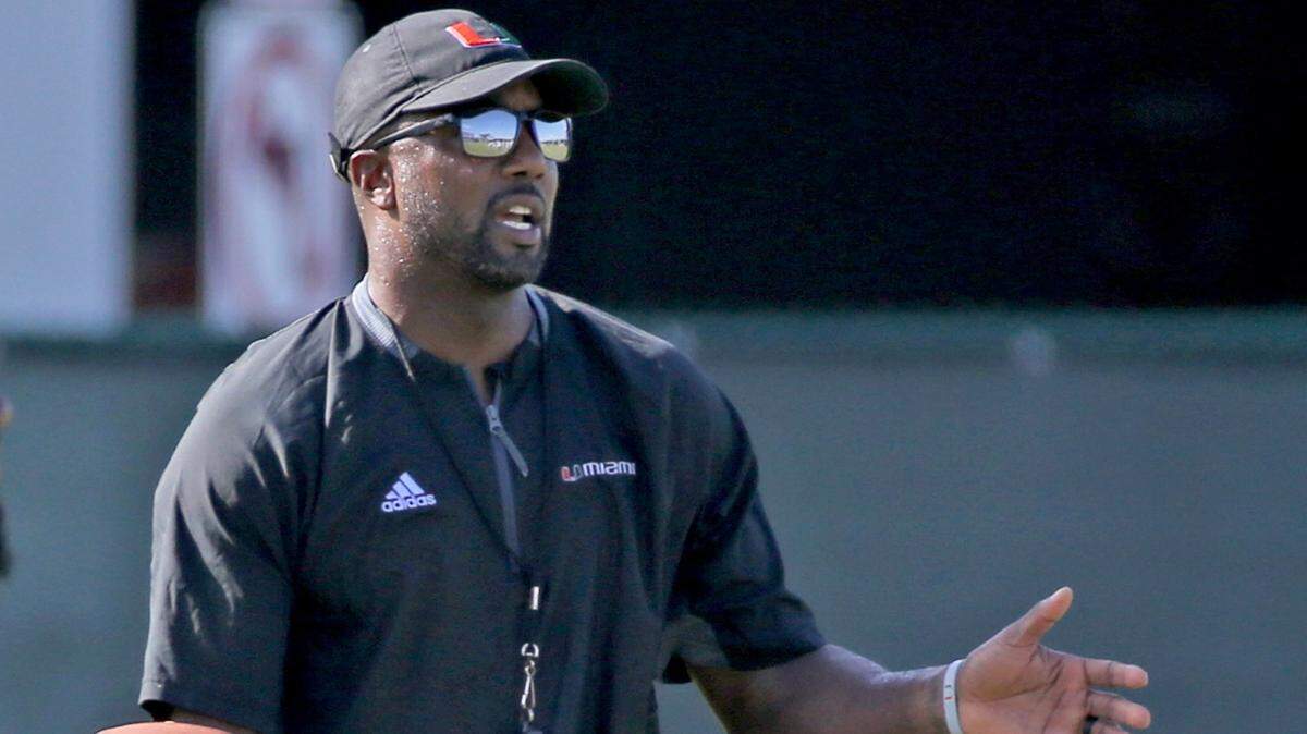 Miami Hurricanes defensive backs coach Mike Rumph at a University of Miami practice last August. Rumph was pleased with what he saw during the four days of spring practice.