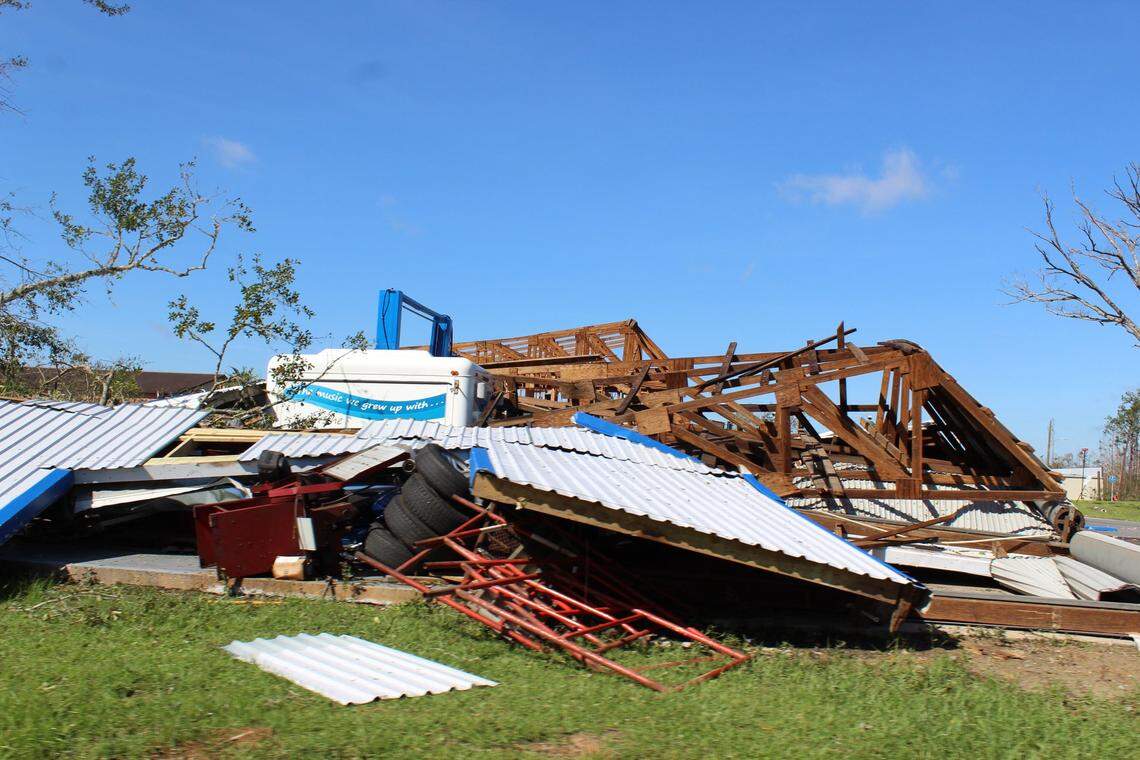 A house in Calhoun County, 30 miles north of Mexico Beach, was completely collapsed by winds from Hurricane Michael.