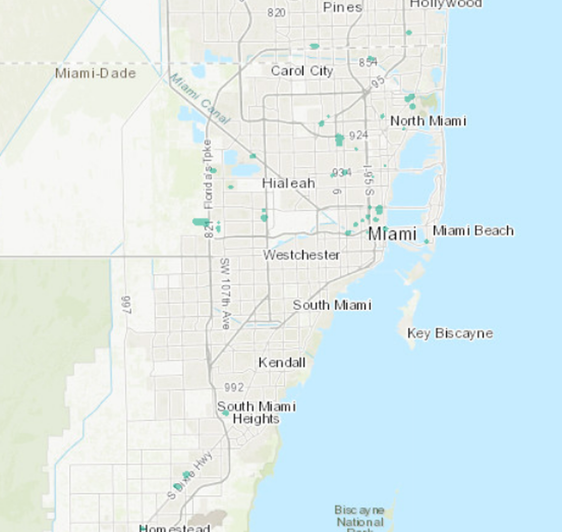 There are 69 brownfield sites in Miami-Dade County, marked by green dots on the map. Source: Florida Department of Environmental Protection.