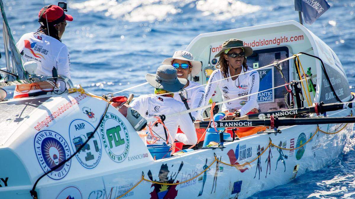 Team Antigua Island Girls row into English Harbour in Antigua on Jan. 28, 2019, after arriving home following 47 days and 3,000 miles of rowing in the Talisker Whisky Atlantic Challenge. They are the first all-black team to row across the Atlantic.