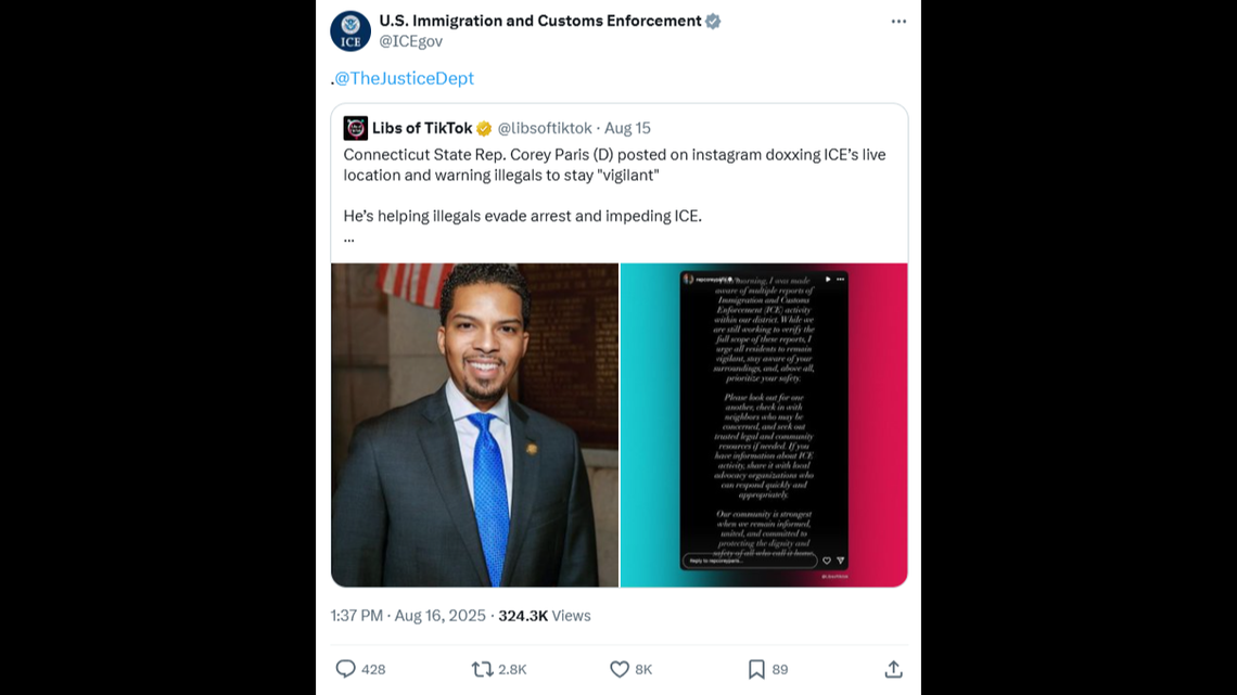 A Connecticut lawmaker spoke out about U.S. Immigration and Customs Enforcement activity, then ICE shared a social media post that called on law enforcement to “charge him.”