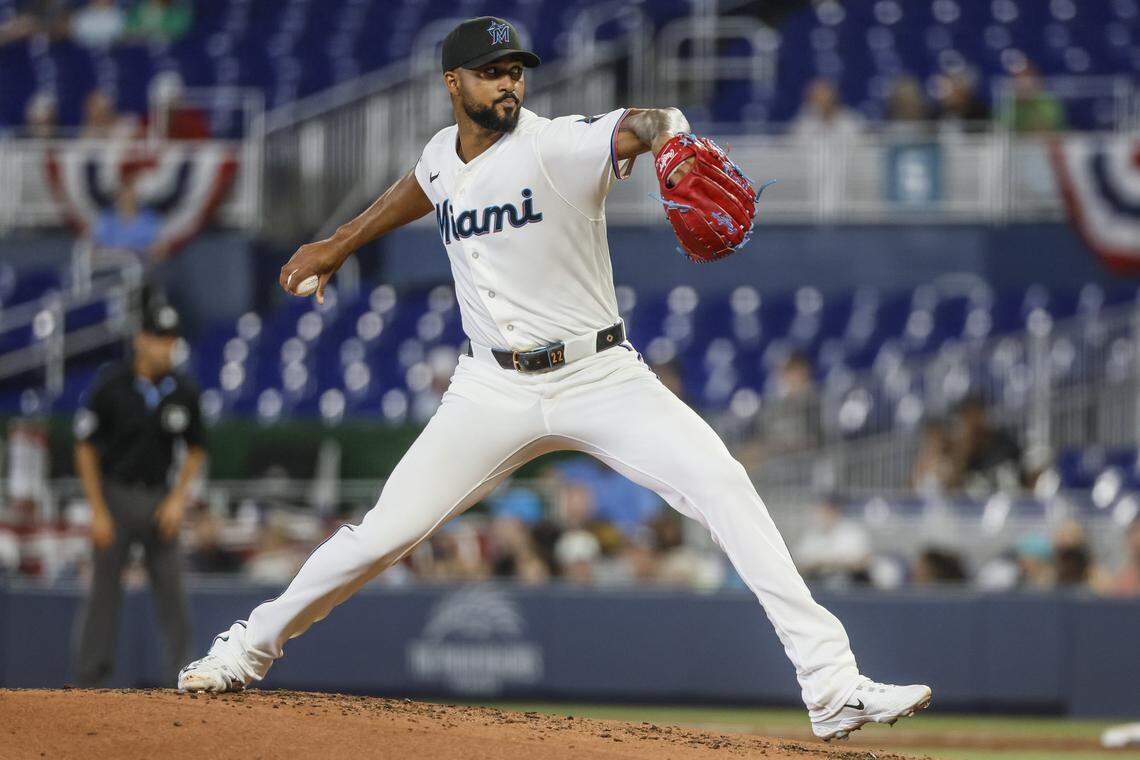 Miami Marlins pitcher Sandy Alcantara (22) pitches in the second inning against the Chicago White Sox at loanDepot Park in Miami, Florida, on Wednesday, April 1, 2026.