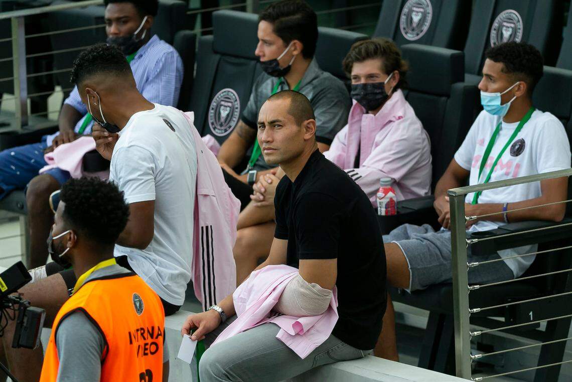 Inter Miami goal keeper Luis Robles is seen in the stands watching his team during warmup sessions before their MLS soccer match against the Houston Dynamo at Inter Miami CF Stadium on Saturday, October 10, 2020, in Fort Lauderdale, Florida.
