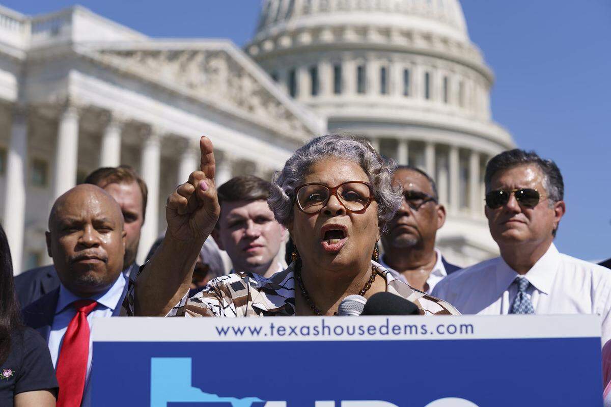 Texas State Rep. Senfronia Thompson, dean of the Texas House of Representatives, speaks as Democratic members of the Texas legislature hold a news conference at the Capitol in Washington, Tuesday, July 13, 2021. The Democrats left Austin to deprive the Legislature of a quorum as they try to kill a Republican bill making it harder to vote in the Lone Star State. (AP Photo/J. Scott Applewhite)