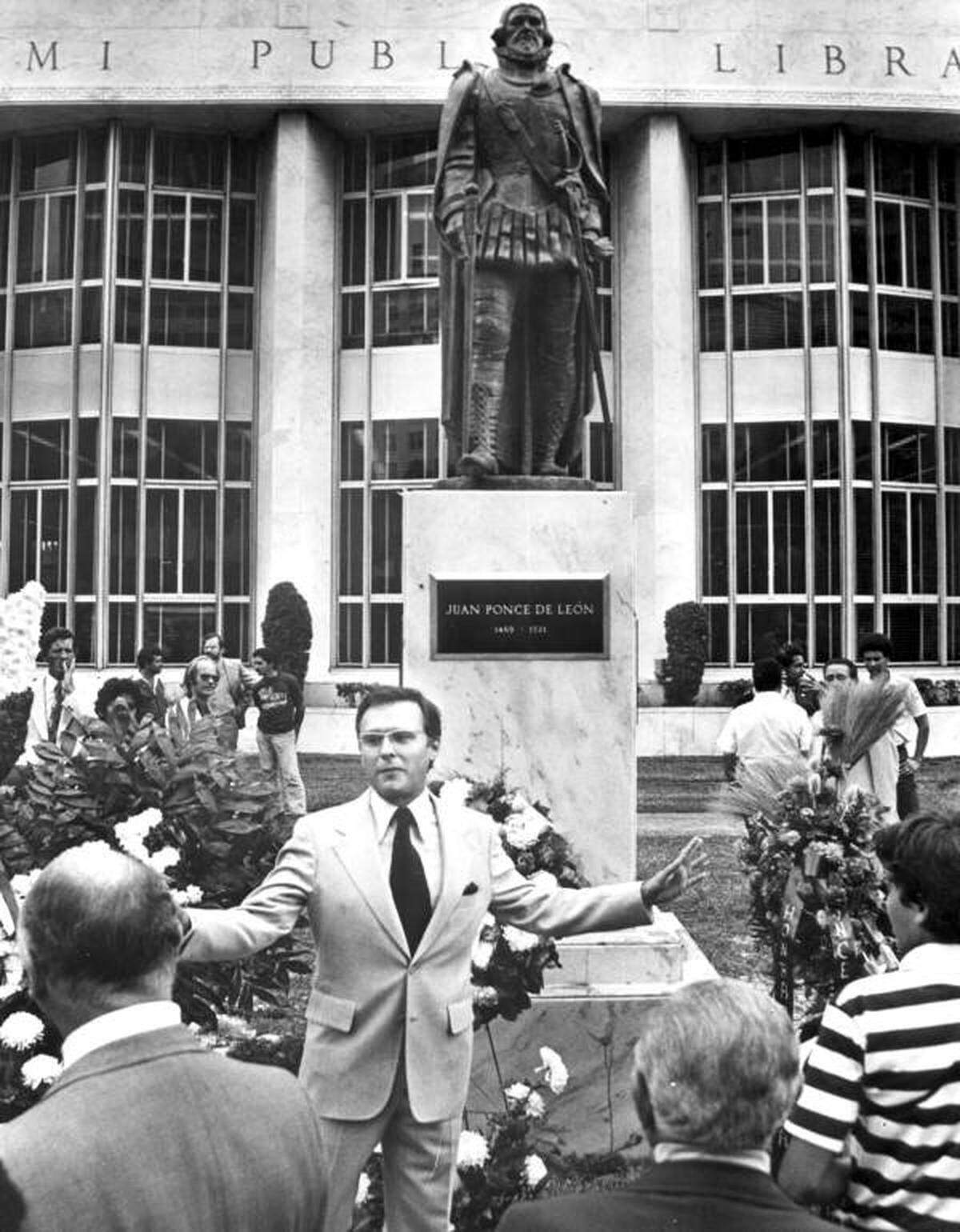 October, 1977: The unveiling of the Ponce de Leon statue in front of the Miami Public Library. Miami Mayor Maurice Ferre is in the center foreground.
