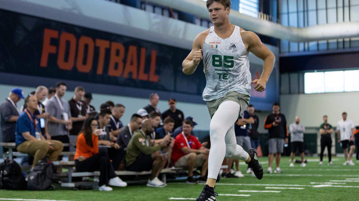Tight end Will Mallory runs drills during Football Pro Day at the University of Miami’s indoor practice facility on Monday, March 27, 2023 in Coral Gables, Fla.
